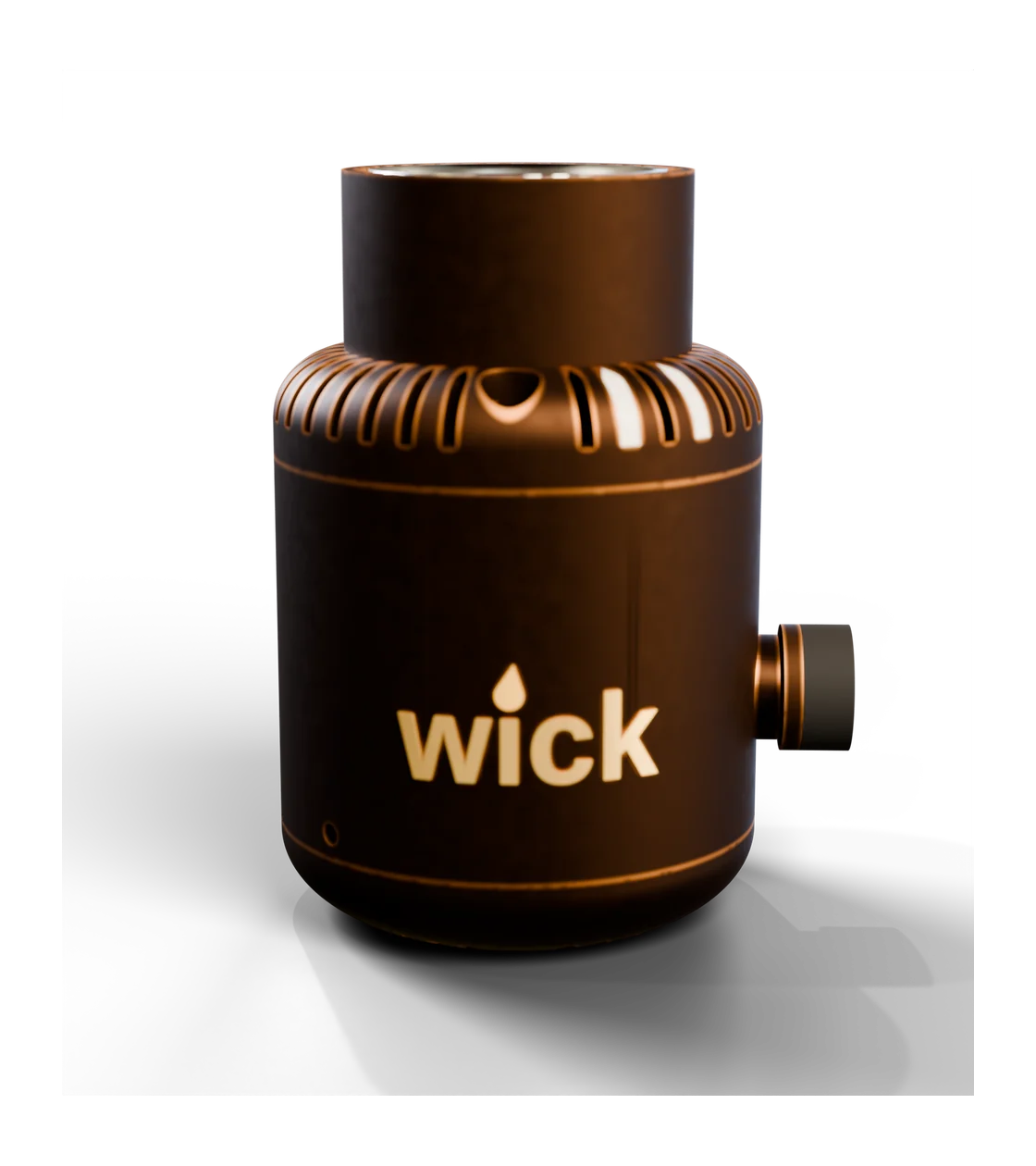 wick in oil-rubbed Bronze, bell shape, with a gold wordmark and a turned bronze knob