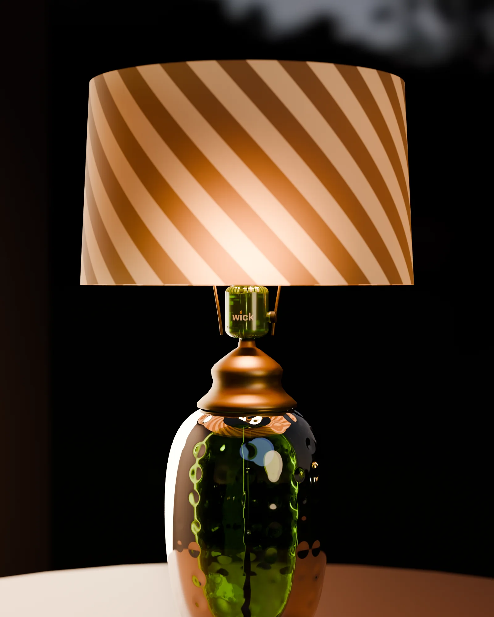 A vintage chartreuse thumbprint-glass table lamp with a striped drum shade, a translucent green wick in the bell shape under the shade