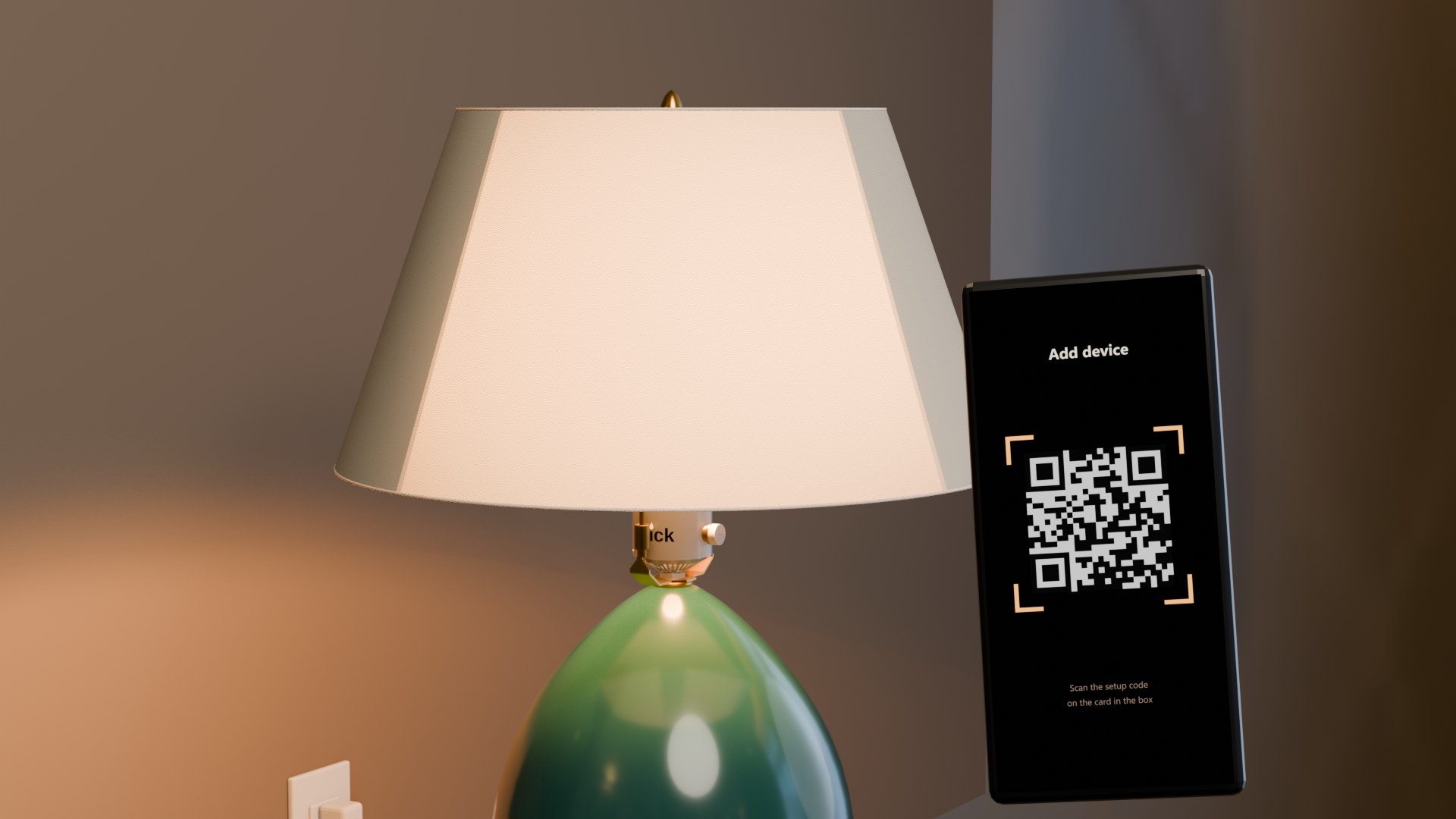 The lamp lit under its shade, a phone beside it showing a setup code to scan